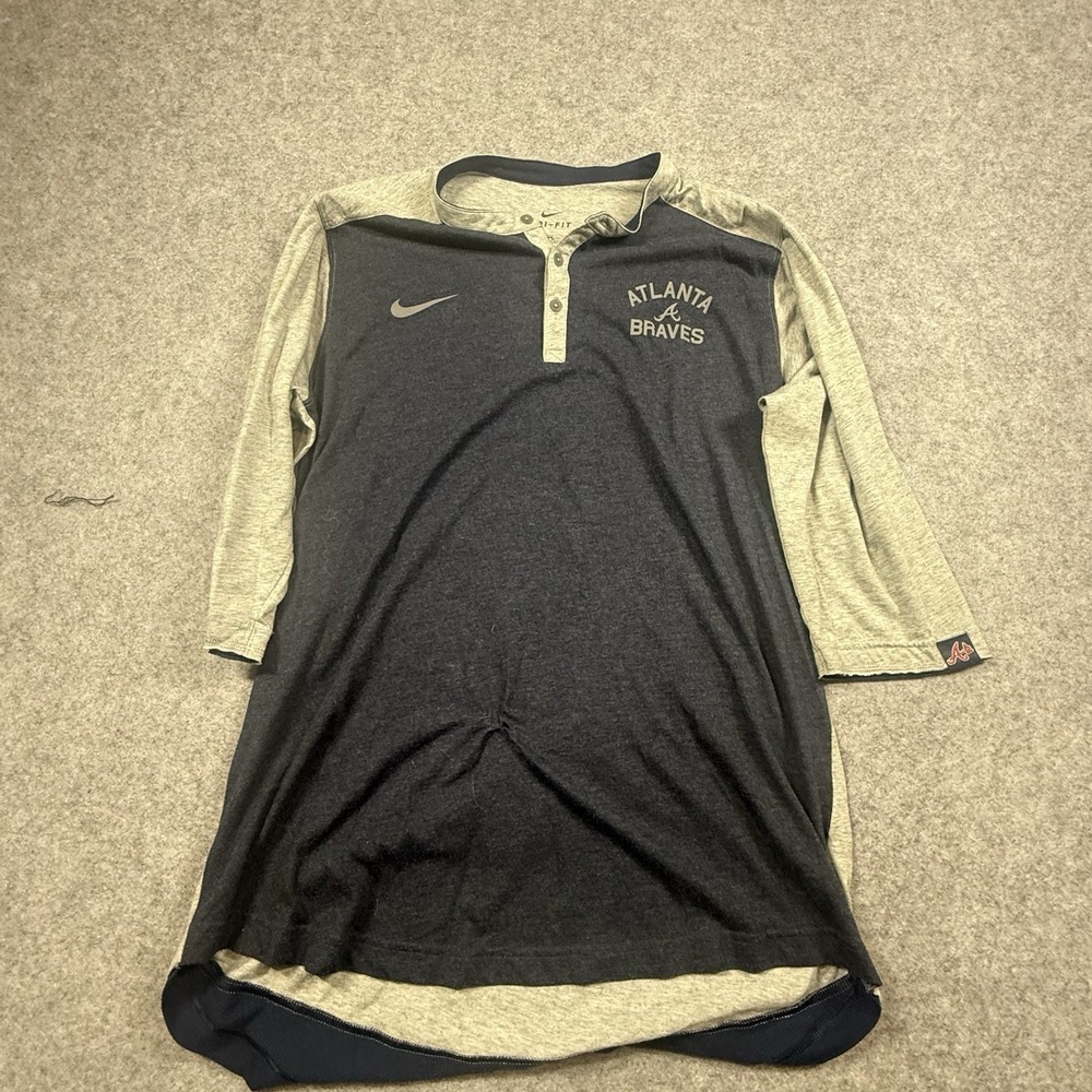 Nike Atlanta Braves Dri-FIT Henley Shirt Men L 3/4 Sleeve MLB Baseball Gray Navy